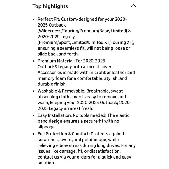 Armrest Cover Outback & Legacy 2020-2024 2025 Center Console Middle Lid Pad - Picture 8 of 8